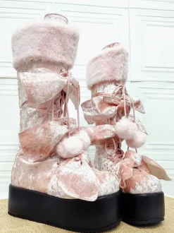 Bottes Gothic Lolita roses en PU à bout rond et talon compensé en éponge hautes jusqu'aux genoux