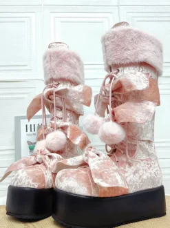 Bottes Gothic Lolita roses en PU à bout rond et talon compensé en éponge hautes jusqu'aux genoux