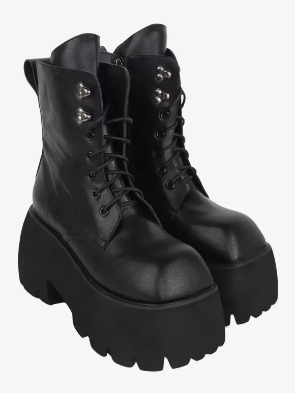 Bottes gothiques Lolita avec 艙illets noirs bout carré métallique chaussures Lolita en cuir PU