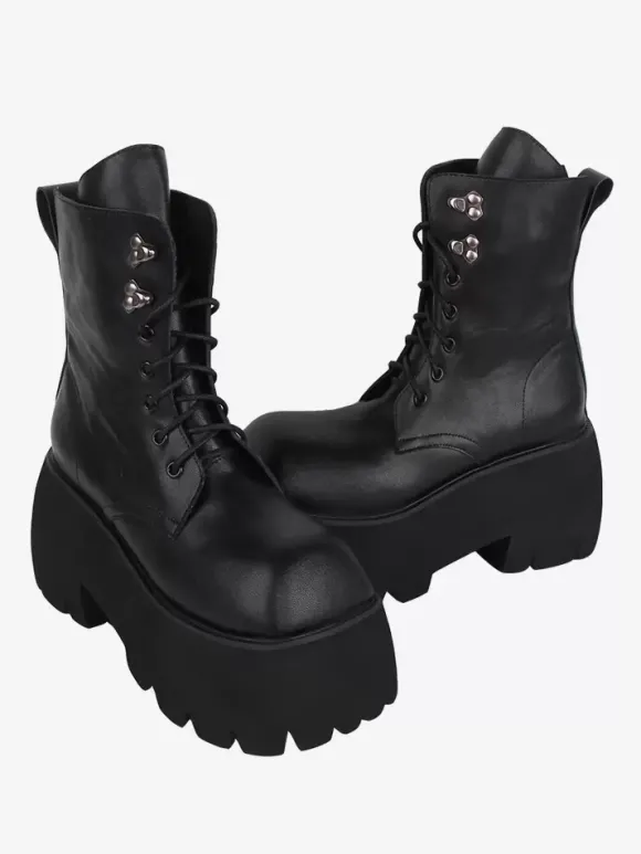 Bottes gothiques Lolita avec 艙illets noirs bout carré métallique chaussures Lolita en cuir PU