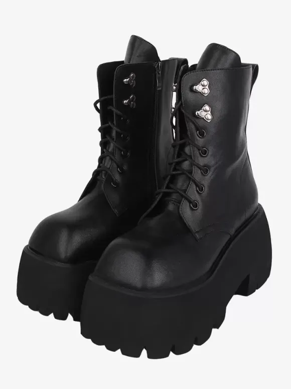 Bottes gothiques Lolita avec 艙illets noirs bout carré métallique chaussures Lolita en cuir PU