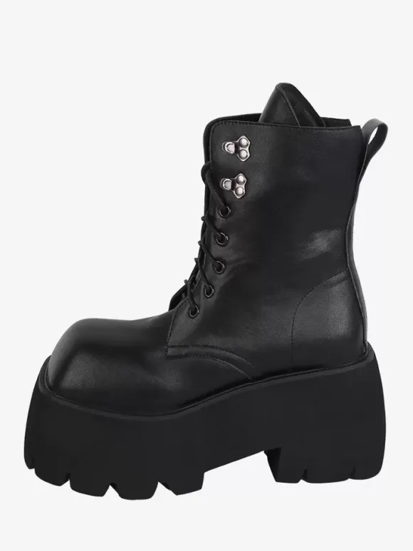 Bottes gothiques Lolita avec 艙illets noirs bout carré métallique chaussures Lolita en cuir PU