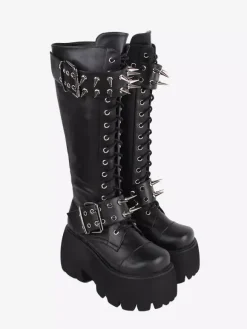 Bottes gothiques Lolita avec 艙illets noirs rivets bout rond métallique chaussures Lolita en cuir PU
