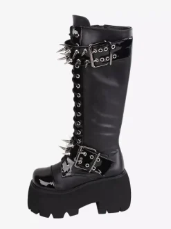 Bottes gothiques Lolita avec 艙illets noirs rivets bout rond métallique chaussures Lolita en cuir PU