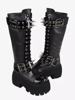 Bottes gothiques Lolita avec 艙illets noirs rivets bout rond métallique chaussures Lolita en cuir PU