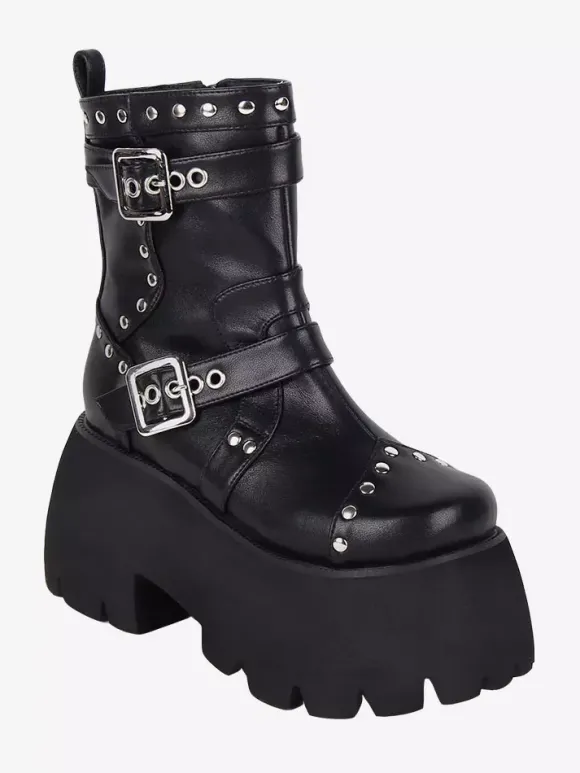 Bottes gothiques Lolita avec 艙illets noirs bout rond métallique chaussures Lolita en cuir PU