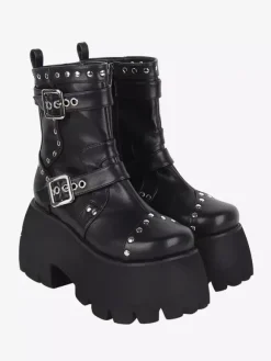 Bottes gothiques Lolita avec 艙illets noirs bout rond métallique chaussures Lolita en cuir PU