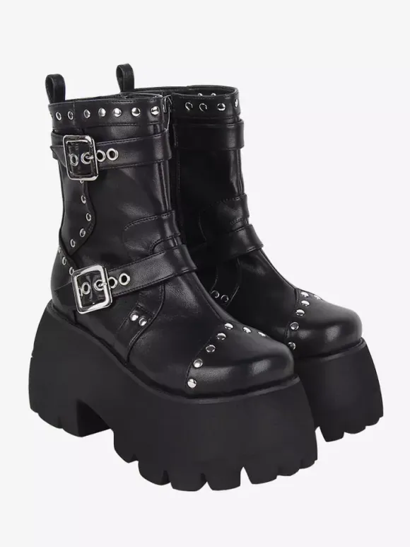 Bottes gothiques Lolita avec 艙illets noirs bout rond métallique chaussures Lolita en cuir PU