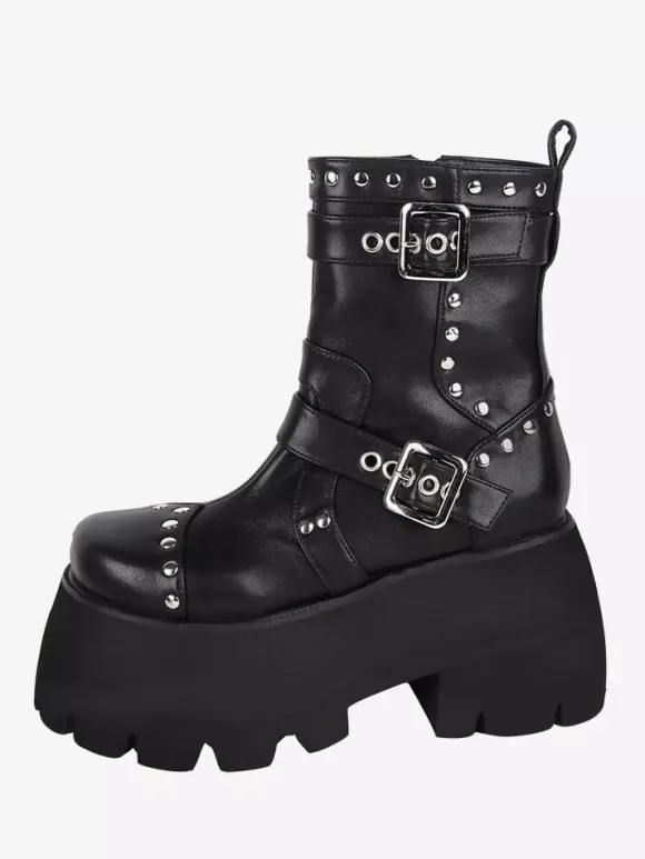 Bottes gothiques Lolita avec 艙illets noirs bout rond métallique chaussures Lolita en cuir PU