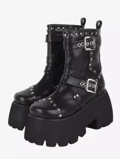 Bottes gothiques Lolita avec 艙illets noirs bout rond métallique chaussures Lolita en cuir PU