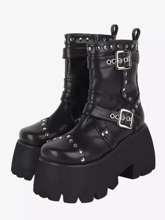 Bottes gothiques Lolita avec 艙illets noirs bout rond métallique chaussures Lolita en cuir PU