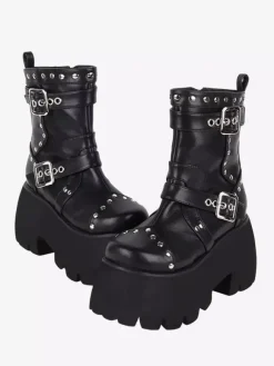 Bottes gothiques Lolita avec 艙illets noirs bout rond métallique chaussures Lolita en cuir PU