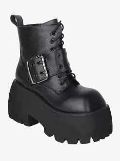 Bottes gothiques Lolita avec 艙illets blancs bout carré métallique chaussures Lolita en cuir PU