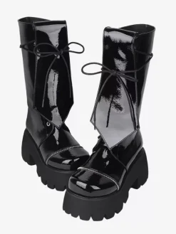 Bottes gothiques Lolita avec 艙illets noirs bout rond métallique chaussures Lolita en cuir PU
