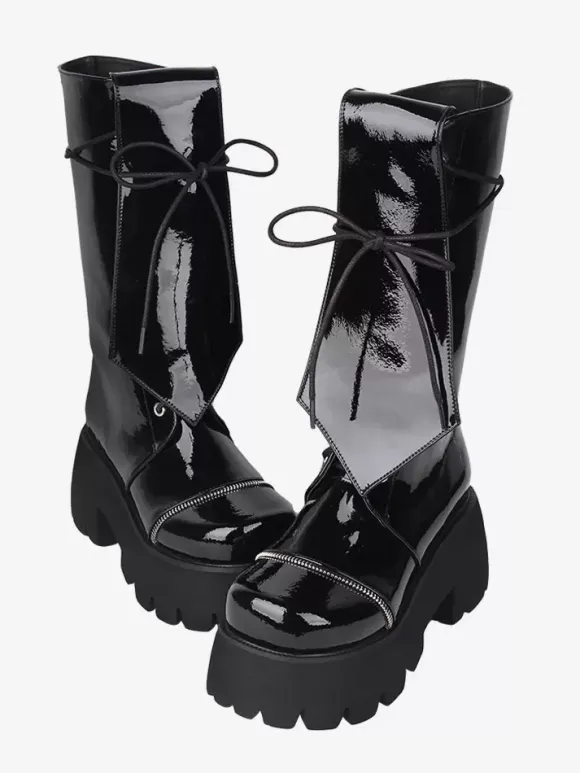 Bottes gothiques Lolita avec 艙illets noirs bout rond métallique chaussures Lolita en cuir PU
