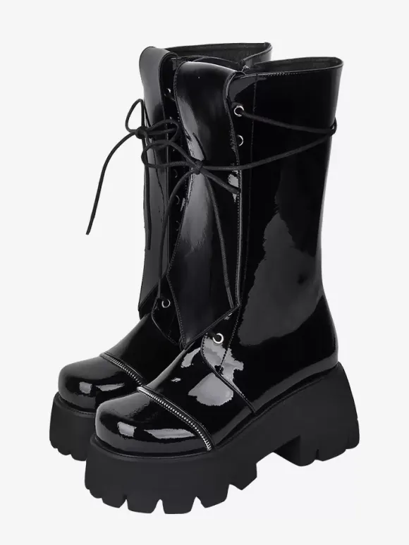 Bottes gothiques Lolita avec 艙illets noirs bout rond métallique chaussures Lolita en cuir PU