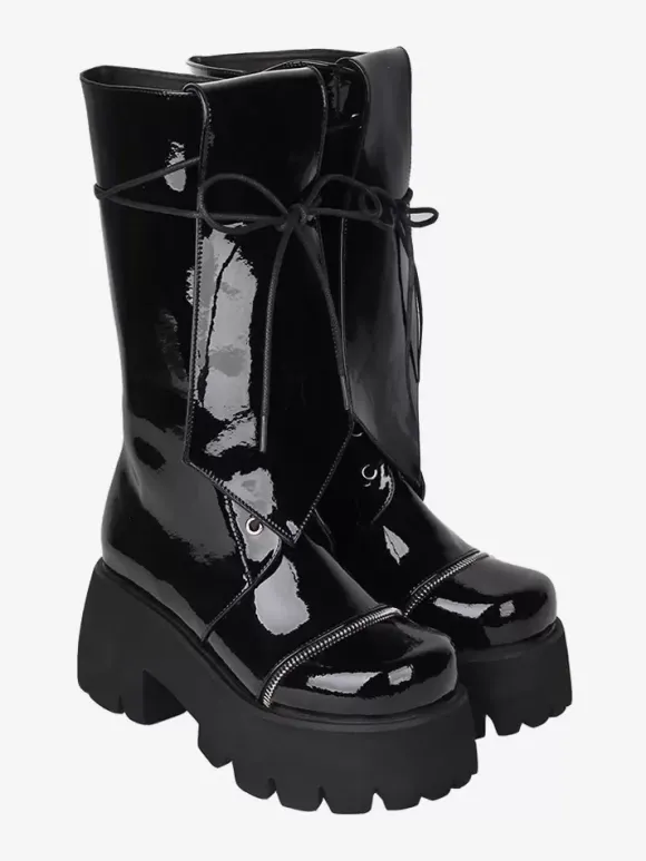 Bottes gothiques Lolita avec 艙illets noirs bout rond métallique chaussures Lolita en cuir PU