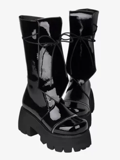 Bottes gothiques Lolita avec 艙illets noirs bout rond métallique chaussures Lolita en cuir PU