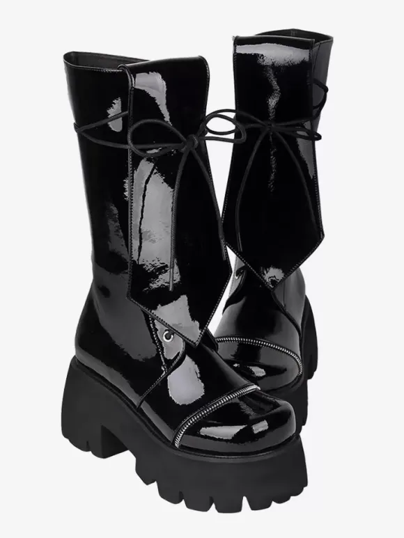 Bottes gothiques Lolita avec 艙illets noirs bout rond métallique chaussures Lolita en cuir PU