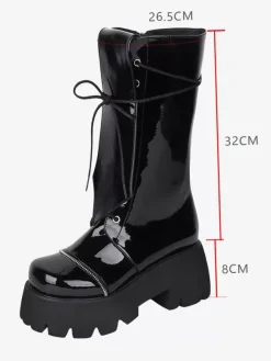 Bottes gothiques Lolita avec 艙illets noirs bout rond métallique chaussures Lolita en cuir PU