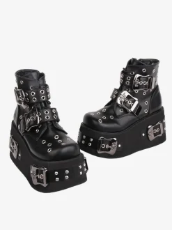 Bottes gothiques Lolita Cuir PU 艗illets Bout rond Chaussures Lolita noires