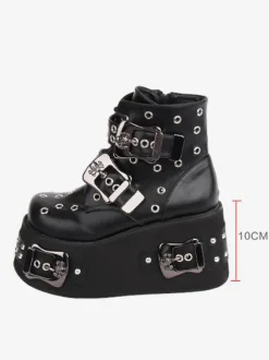 Bottes gothiques Lolita Cuir PU 艗illets Bout rond Chaussures Lolita noires