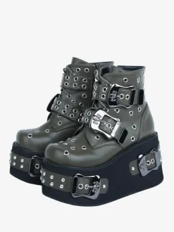 Bottes gothiques Lolita Cuir PU 艗illets Bout rond Chaussures Lolita noires