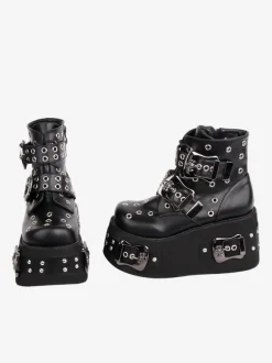 Bottes gothiques Lolita Cuir PU 艗illets Bout rond Chaussures Lolita noires