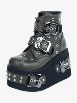 Bottes gothiques Lolita Cuir PU 艗illets Bout rond Chaussures Lolita noires