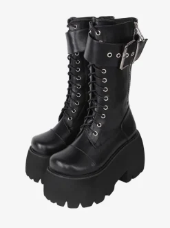 Bottes gothiques Lolita en cuir PU à bout rond  chaussures Lolita noires