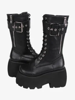 Bottes gothiques Lolita en cuir PU à bout rond  chaussures Lolita noires
