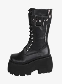 Bottes gothiques Lolita en cuir PU à bout rond  chaussures Lolita noires