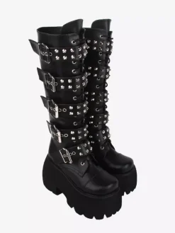 Bottes gothiques Lolita en cuir PU rivets métalliques à paillettes 艙illets bout rond chaussures Lolita noires