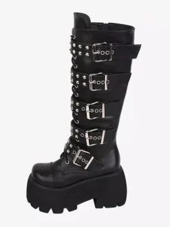 Bottes gothiques Lolita en cuir PU rivets métalliques à paillettes 艙illets bout rond chaussures Lolita noires