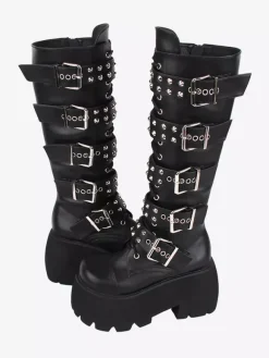 Bottes gothiques Lolita en cuir PU rivets métalliques à paillettes 艙illets bout rond chaussures Lolita noires
