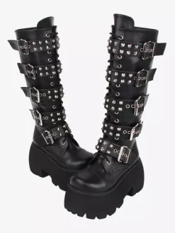 Bottes gothiques Lolita en cuir PU rivets métalliques à paillettes 艙illets bout rond chaussures Lolita noires