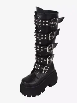 Bottes gothiques Lolita en cuir PU rivets métalliques à paillettes 艙illets bout rond chaussures Lolita noires