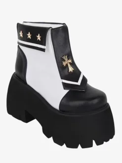 Bottes gothiques Lolita en cuir PU avec 艙illets métalliques bout carré chaussures Lolita noires