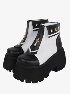 Bottes gothiques Lolita en cuir PU avec 艙illets métalliques bout carré chaussures Lolita noires