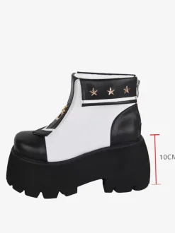 Bottes gothiques Lolita en cuir PU avec 艙illets métalliques bout carré chaussures Lolita noires