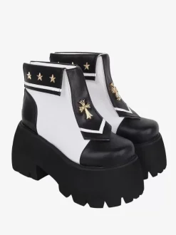 Bottes gothiques Lolita en cuir PU avec 艙illets métalliques bout carré chaussures Lolita noires