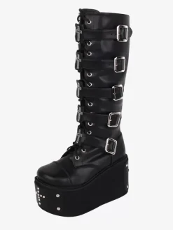 Bottes gothiques Lolita en cuir PU 艙illets métalliques rivets bout rond chaussures Lolita noires