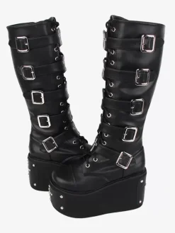 Bottes gothiques Lolita en cuir PU 艙illets métalliques rivets bout rond chaussures Lolita noires