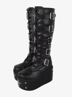 Bottes gothiques Lolita en cuir PU 艙illets métalliques rivets bout rond chaussures Lolita noires