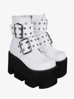 Bottes gothiques Lolita en cuir PU à bout rond chaussures Lolita blanches