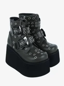 Bottes gothiques Lolita en cuir PU avec 艙illets métalliques bout rond chaussures Lolita vert chasseur