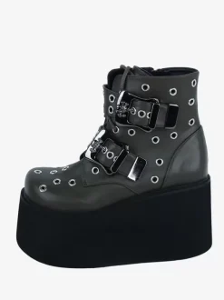 Bottes gothiques Lolita en cuir PU avec 艙illets métalliques bout rond chaussures Lolita vert chasseur