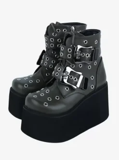 Bottes gothiques Lolita en cuir PU avec 艙illets métalliques bout rond chaussures Lolita vert chasseur