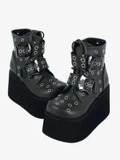 Bottes gothiques Lolita en cuir PU avec 艙illets métalliques bout rond chaussures Lolita vert chasseur