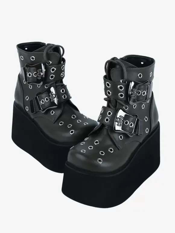 Bottes gothiques Lolita en cuir PU avec 艙illets métalliques bout rond chaussures Lolita vert chasseur